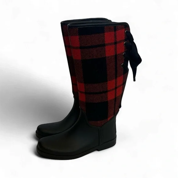 Coach Womens Tristee Black Red Plaid Rubber Lace-Up Knee High Rain Boots Size 10 - Picture 2 of 13